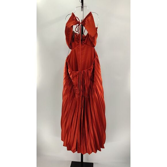 Strapless Pleated Satin Midi Dress in Burnt Orange - Picture 3 of 3